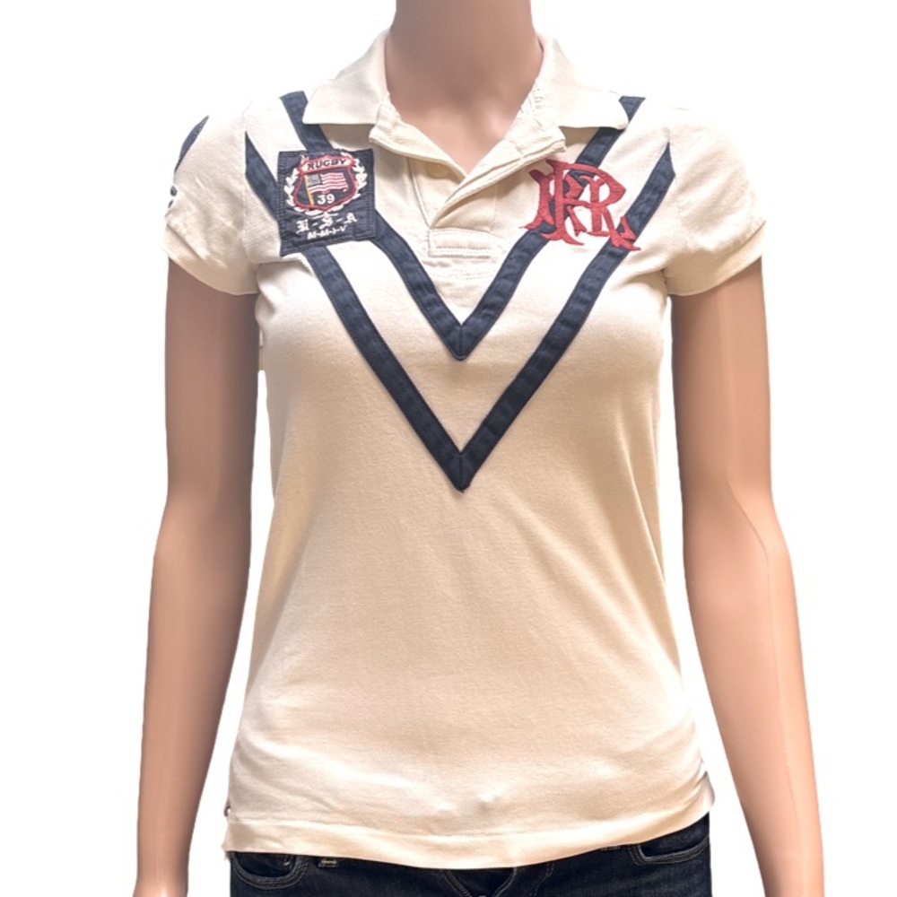 Rugby Ralph Lauren White and Blue Polo Fitted Cotton T-Shirt Small